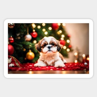 Shih Tzu Puppy by Christmas Tree in Holiday Studio Scene Sticker